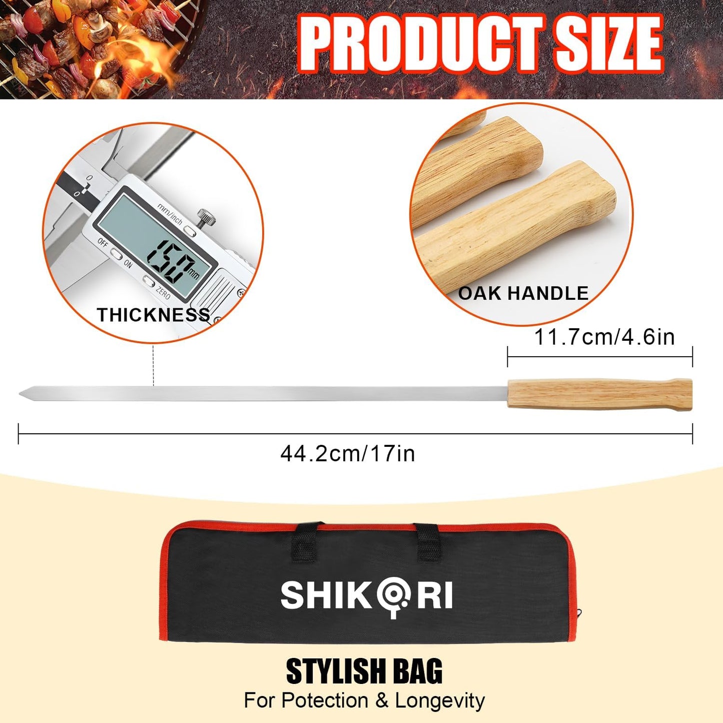 SHIKORI Kabob Skewers,BBQ Barbecue Skewers,Stainless Steel Sticks,17 Inch Heavy Duty Large Wide Reusable,with Nonslip Wooden-16 Pcs