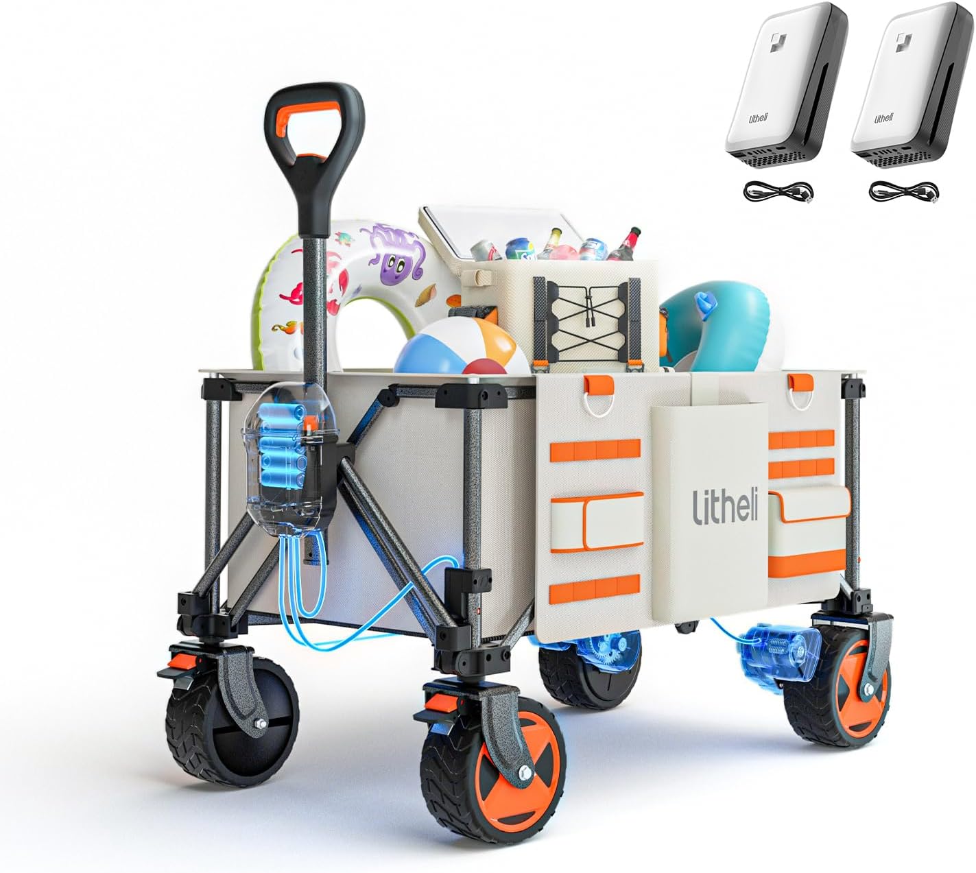 Litheli Electric Utility Wagon Cart, 200L Capacity, 300 lbs Load, Foldable Heavy-Duty Design with All-Terrain Wheels, Variable Speed Drive & Battery Power for Camping, Beach, Garden & Shopping