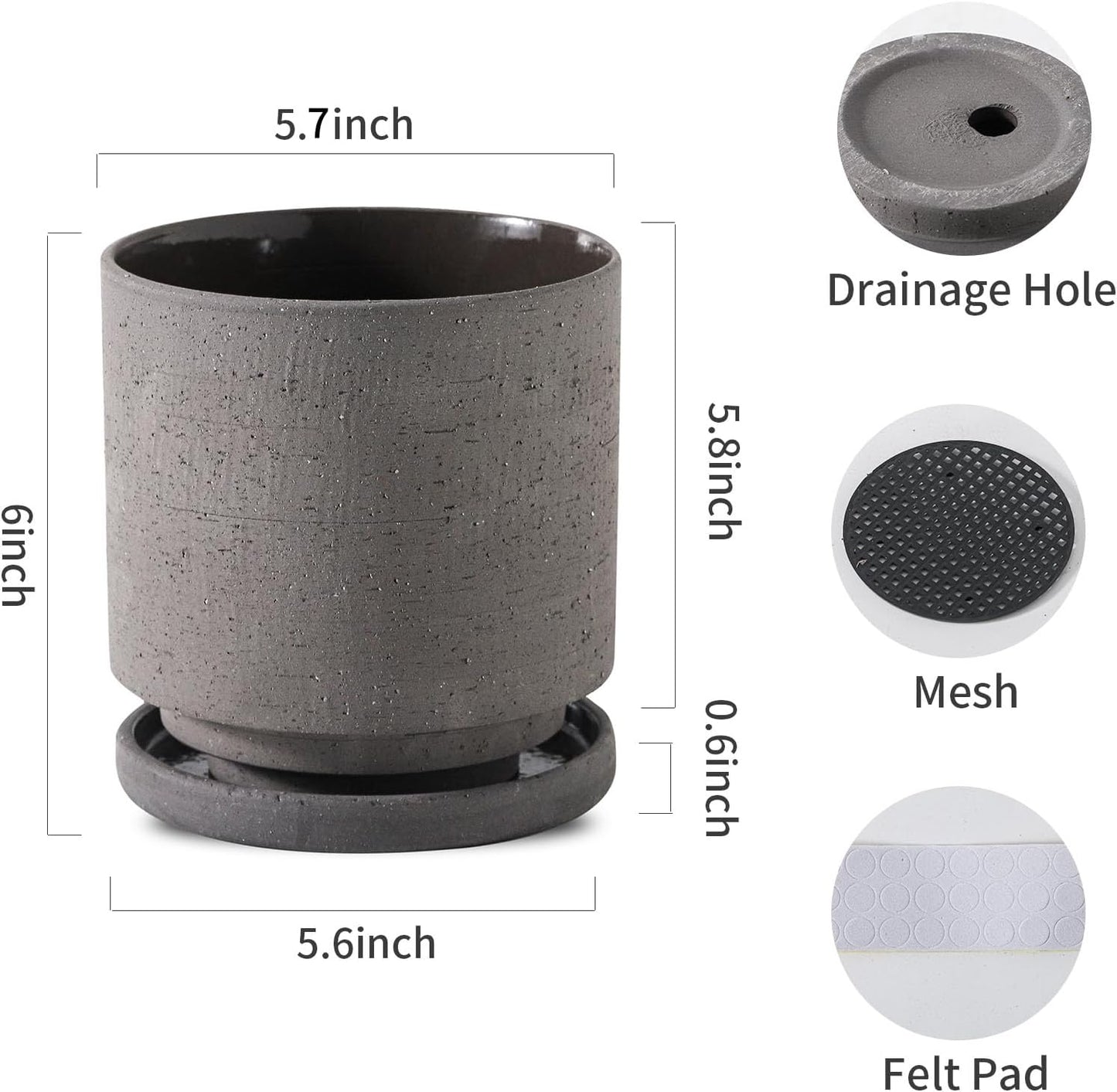 Nihow 5.7 Inch Plant Pot, Ceramic Pots for Plants with Drainage Hole and Saucer, Plant Pots Indoor for Home Garden Patio Office, Cylinder Planters for Indoor Plants, Charcoal Gray