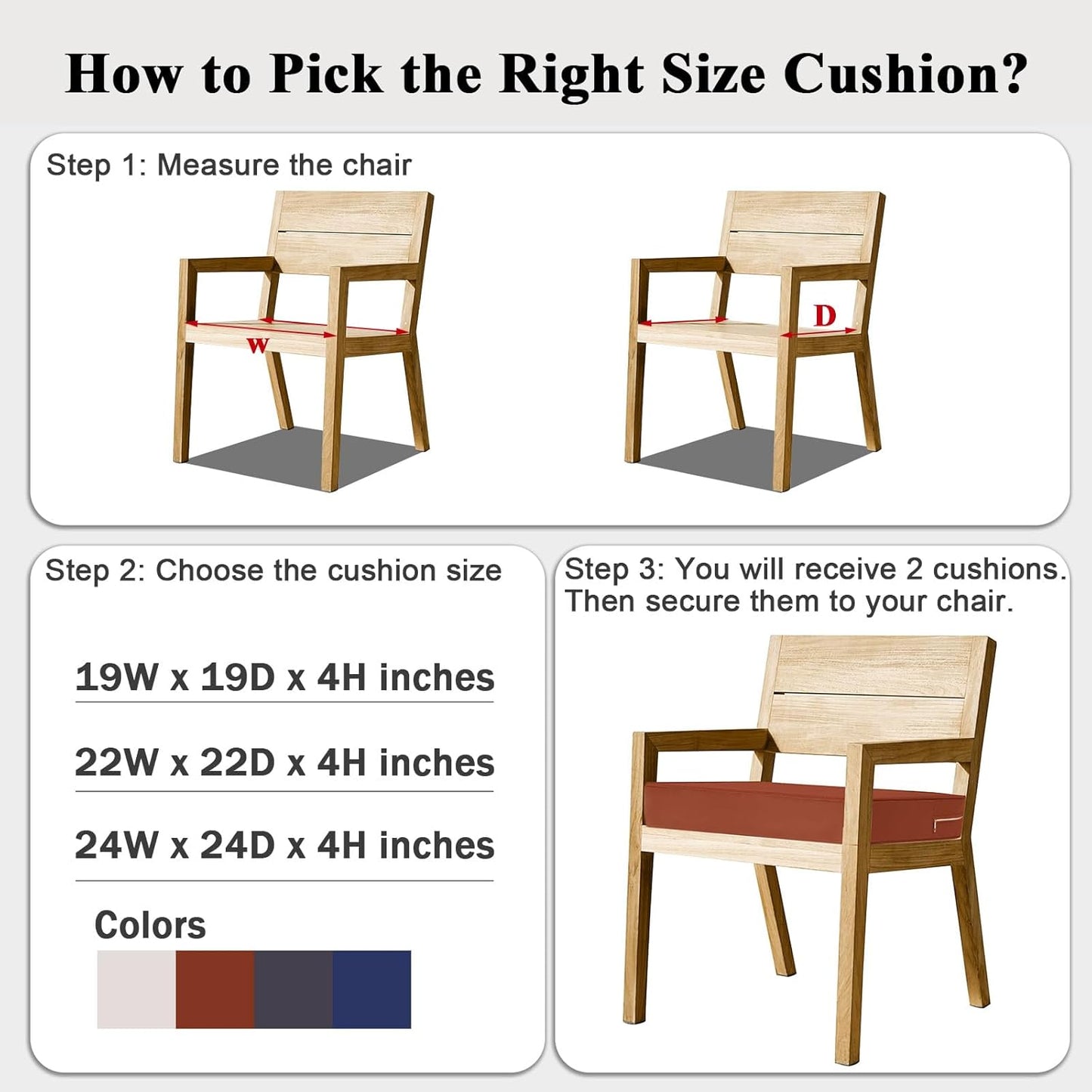 Outdoor Chair Cushions Set of 2 for Patio Furniture 24x24x4 Inch Waterproof Patio Chair Cushion 3 Year Color Fastness Square Elastic Foam Garden Sofa Couch Pads with Ties and Handle,Spice