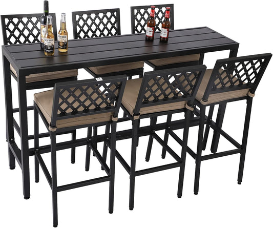 Outdoor Patio Bar Set, Bar Height Patio Dining Set, Weather-Resistant Bistro Counter Pub Set with Cushions & Slatted Tabletop for Backyard, Garden, Yard (63" Table, 6 "X Style Stool, Black)