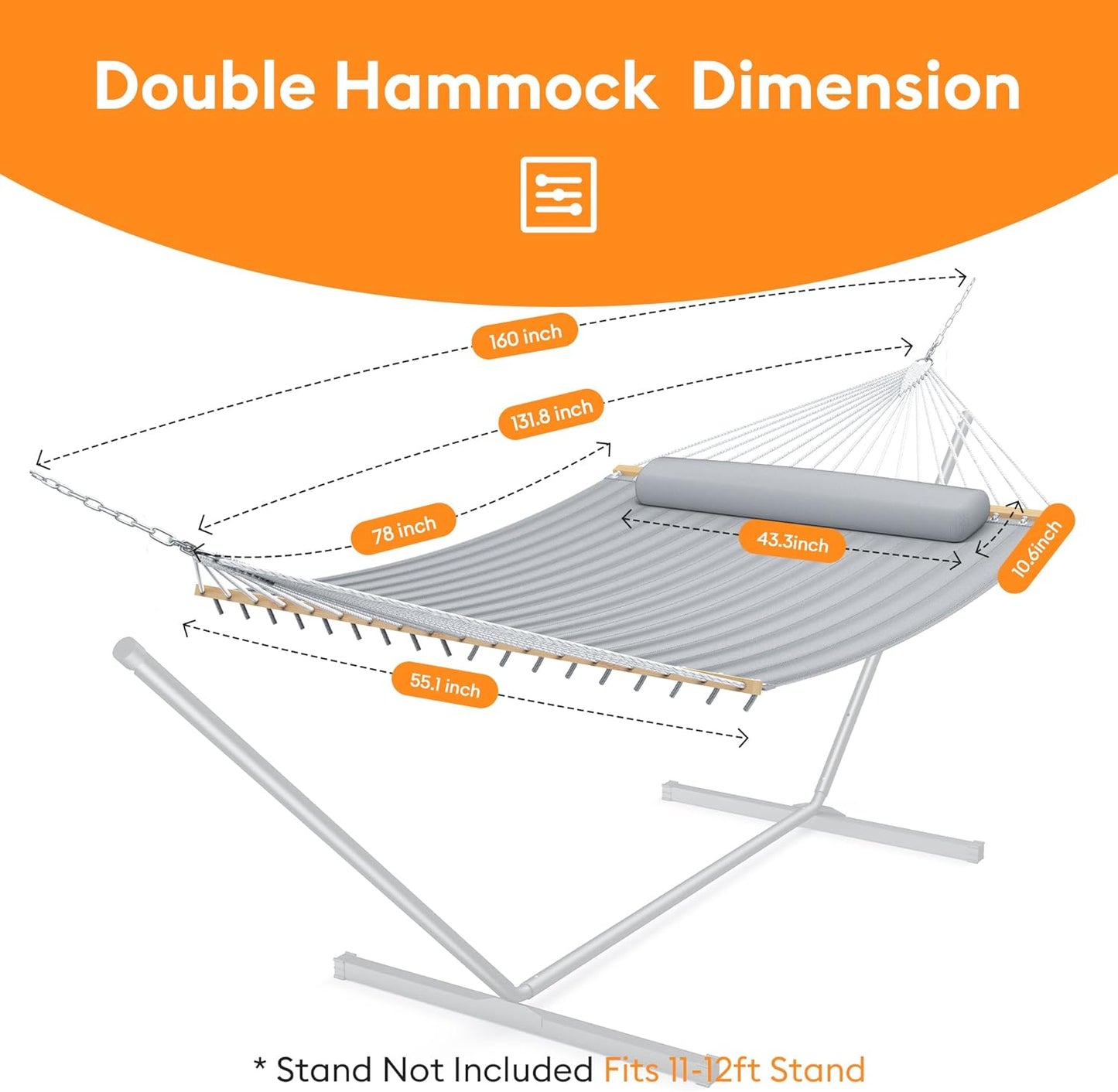 Double Hammock with Spreader Bar,Soft Pillow,Max Load 500lbs,Portable Hammock for Outdoor,Camping,and Backyard,Dark Gray