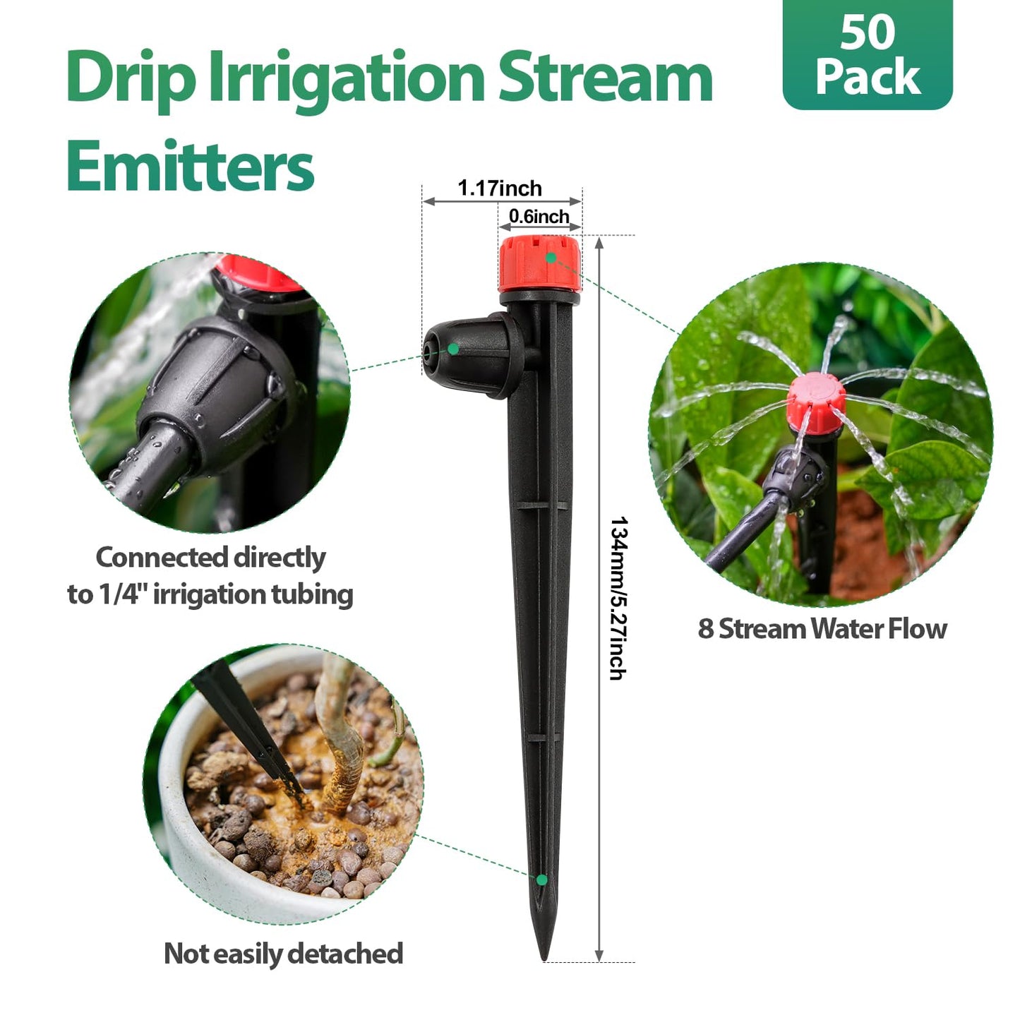 50 Pieces Drip Emitters for 1/4" Drip Irrigation Tubing, Adjustable 360 Degree Stream Drip Emitters with Stake 360° Full Circle 8 Hole Stream Emitters Garden Irrigation Micro Drippers