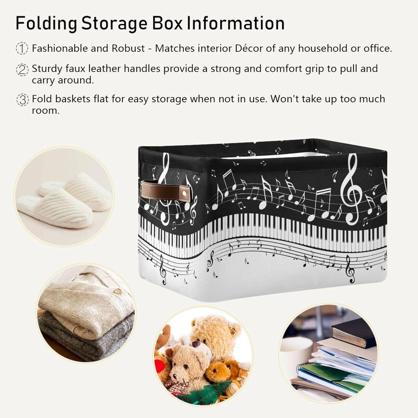 Black White Music Rectangular Storage Basket Organizer Bin Shelf Baskets For Clothes Gifts For Home Office Dorm