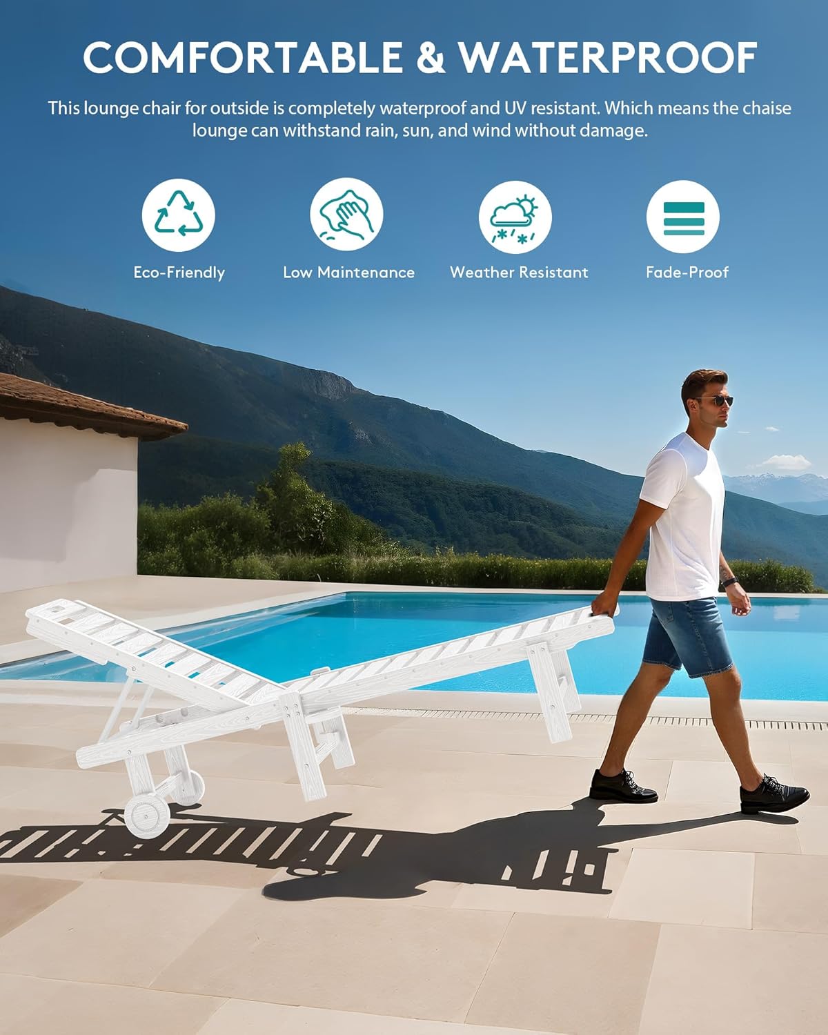 SERWALL Patio Chaise Lounge, 78" Length Outdoor Lounge Chair with 5 Positions Adjustable Backrest, HDPE Lounge Chair with Rolling Wheels & Cup Holder for Poolside, Beach, Garden, White