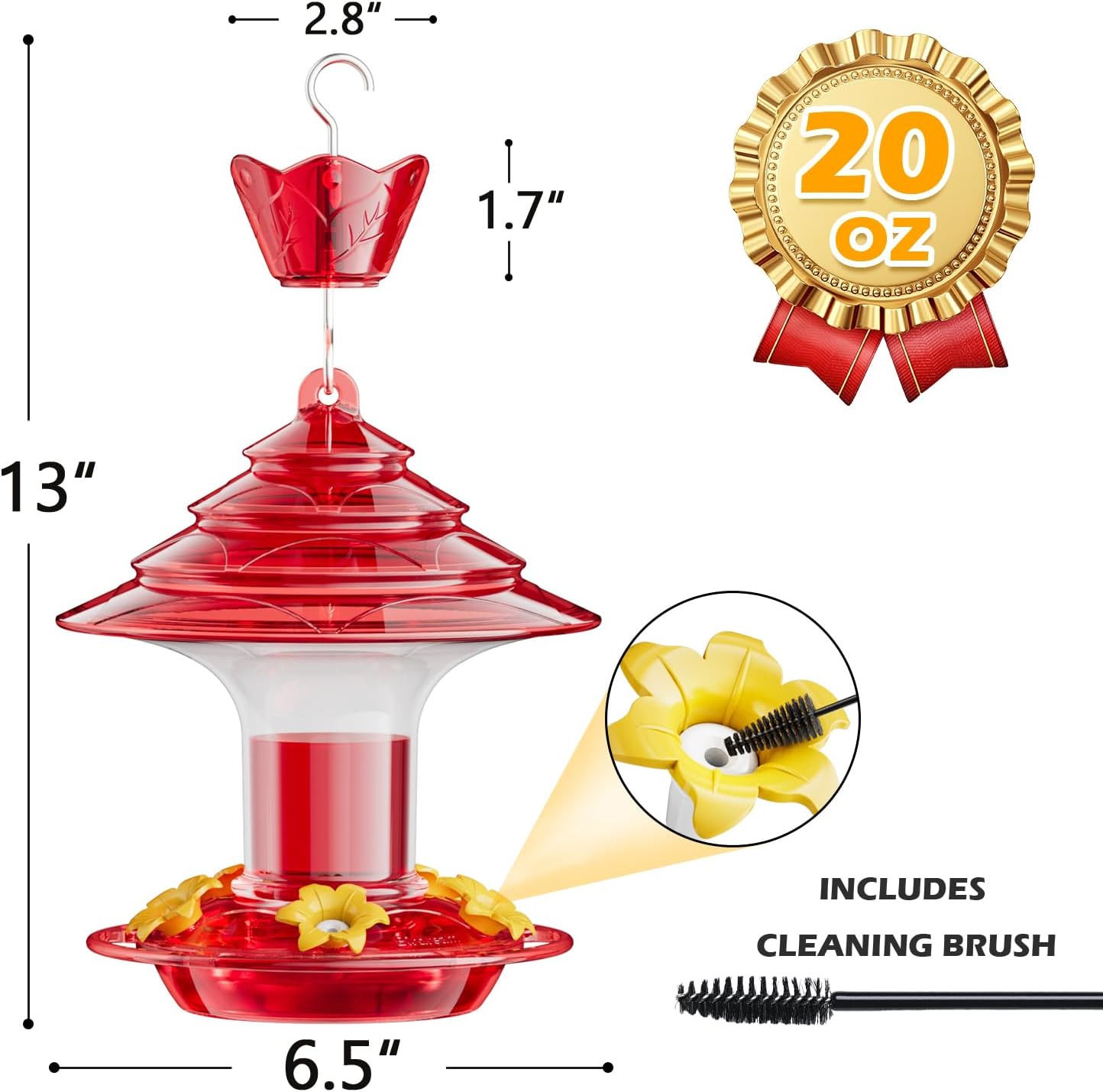 Birdream Hummingbird Feeder for Outdoors Hanging 40oz 10 Feeding Ports, 2 Pack Humming Bird Feeder with Ant Moat Brush Leak Proof - Red