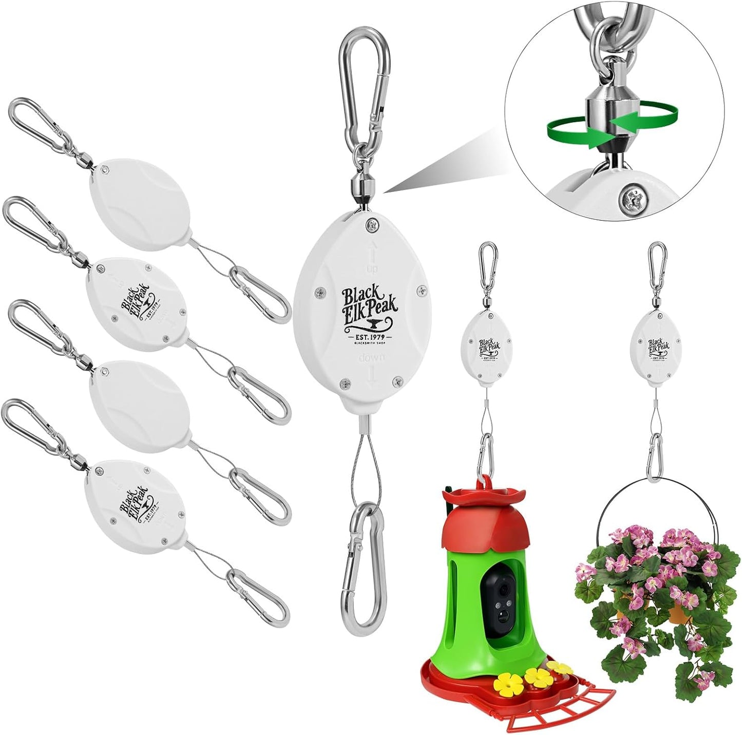 Plant Pulleys for Hanging Plants, Heavy Duty Retractable Hangers, 304 Stainless Steel Rope, Auto Plant Holder, Adjustable Climbing Hook for Garden Baskets Watering, or Bird Feeders (White-4)