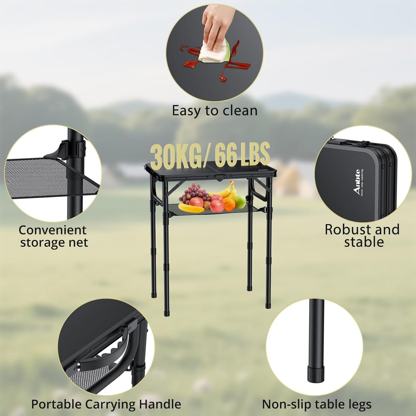 Folding Camping Table with Storage Net, Pure Black Aluminum 2ft Picnic Table 23.2" x 16" Outdoor Table Adjustable Height Max 27.5", Lightweight, Waterproof, Portable Handle for Travel Cooking