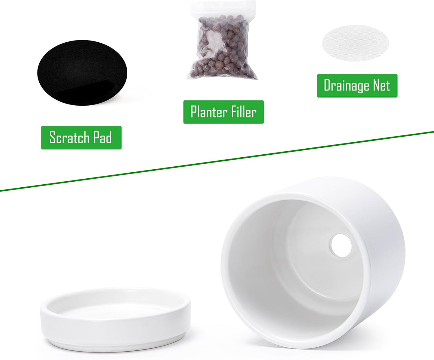 D'vine Dev 3.5 Inch & 4.7 Inch Ceramic Planter Pots for Plants with Drainage Hole and Saucer, X-Small Plant Pots Set, White, 94-G-XS-1