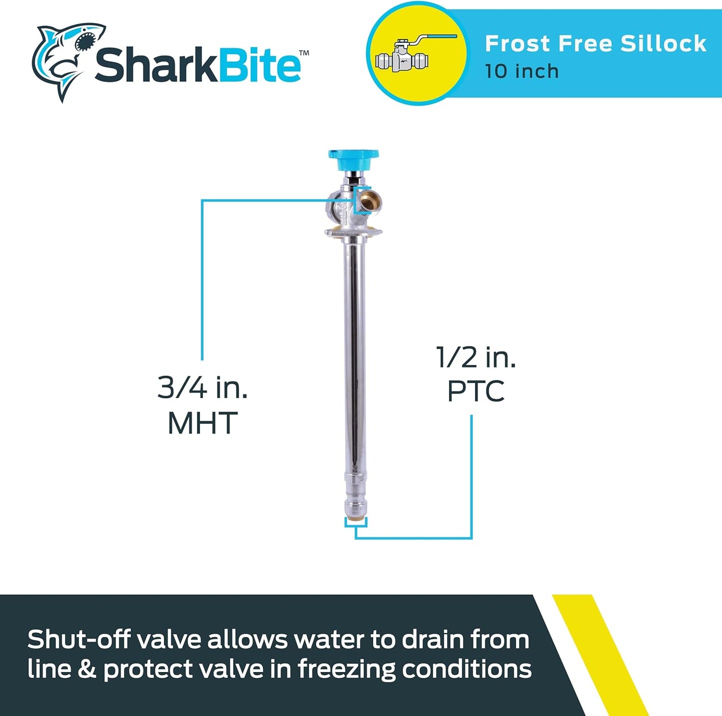 SharkBite 10 Inch Frost Free Sillcock, 1/2 x 3/4 Inch MHT, Push to Connect Brass Plumbing Fitting, PEX Pipe, Copper, CPVC, PE-RT, HDPE, 24629LF