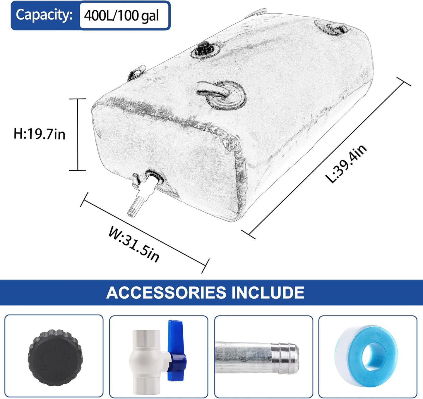 400 L/100 Gal Water Bladder Tank, Foldable Portable Water Storage Container, Emergency Water Bag for RV, Truck Bed, Fire Prevention, Drought Resistance, Blue