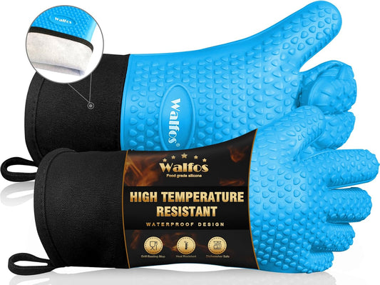 Walfos Silicone BBQ Gloves - Heat Resistant Grilling Gloves, Premium Non-Slip Kitchen Silicone Oven Mitt with Protective Cotton Layer Inside, Waterproof, Great for Grilling, Kitchen and Cooking, Blue