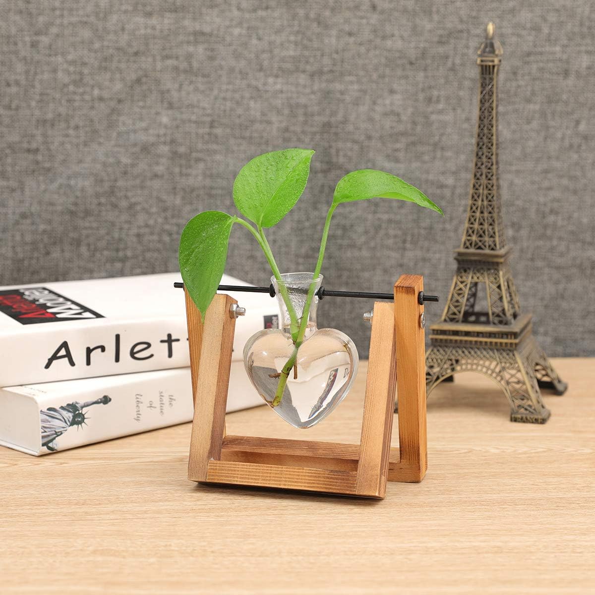 Kingbuy Terrarium with Wooden Stand, Desktop Propagation Station, Air Plant Holder, Metal Swivel Holder for Hydroponics, Home Garden, Wedding Decor - 1 Hearted Vase
