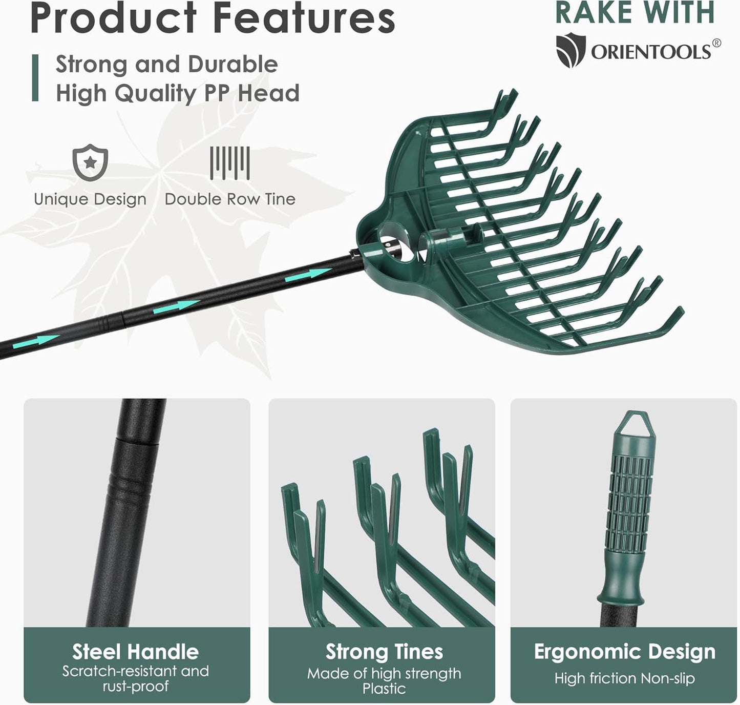 ORIENTOOLS 17Tines Double Row Garden Rake Set with 9Tines Leaf Hand Rakes, 272L Leaves Bin and Gardening Gloves for Scooping and Picking up Leaves, Clear and Collect Garden Rake Kit