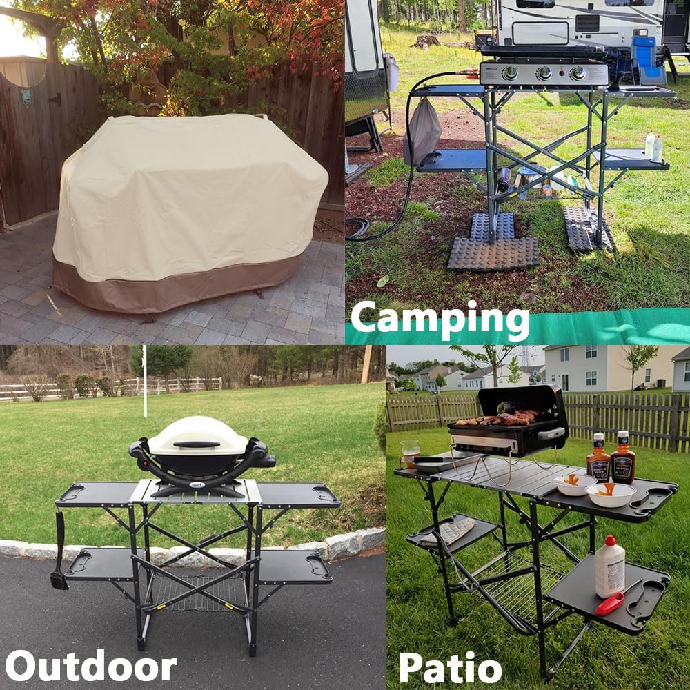 Outdoor Slim-Fold Cook Station Cover Waterproof Heavy Duty Portable Outdoor Folding Grill Table Cover, Beige