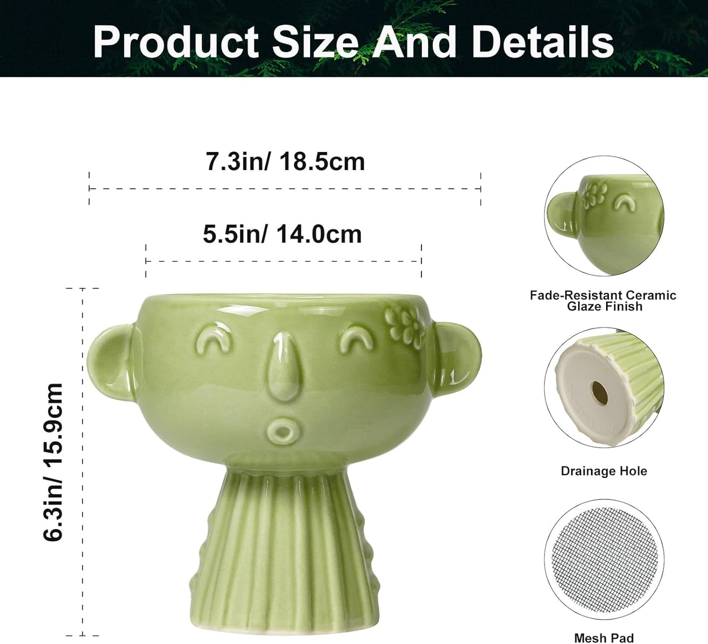 Face Planter Pot - 7 Inch Ceramic Head Planter for Indoor Plants Outdoor, Cute Succulent Flower Pots with Drainage Hole, Room Home Garden Decor, Gardening Gifts, Green