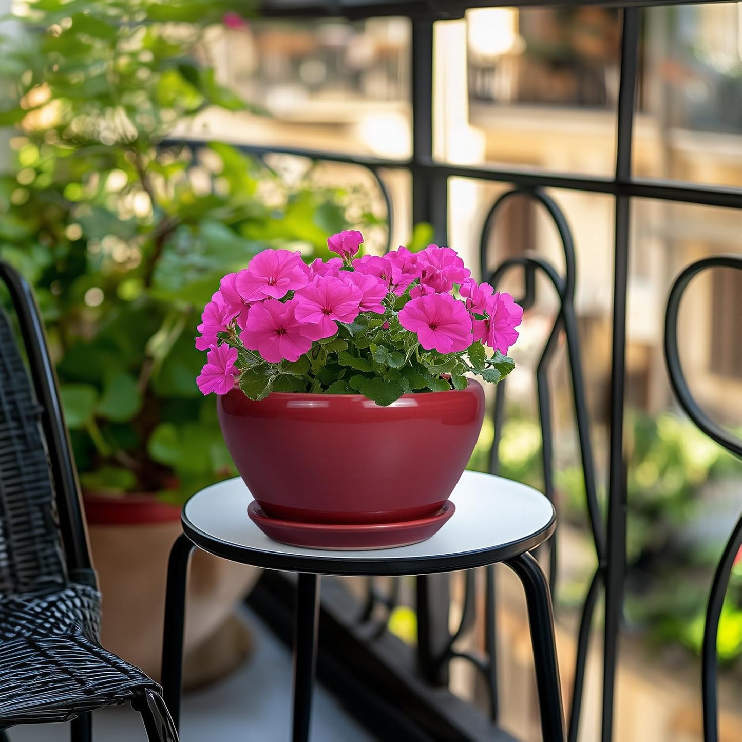 Ceramic Plant Pot 9 Inch - Planter Pot with Drainage Hole and Saucer, Round Large Planter for Indoor Plants, Outdoor Flower Pot for House Patio Decor, Red