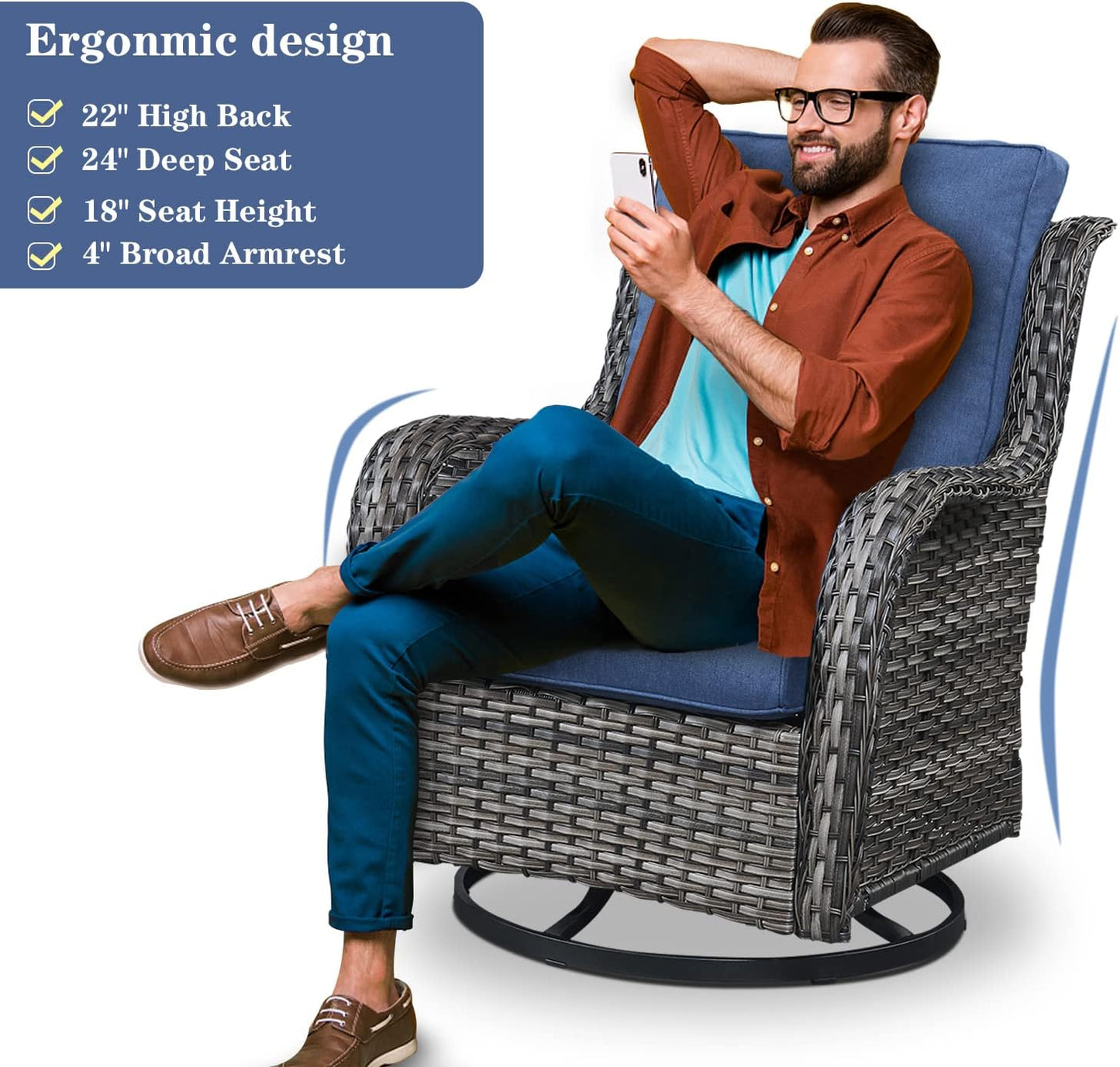 Outdoor Wicker Furniture Patio Set - 7 Piece Backyard Furniture Grey Rattan Conversation Sets with Swivel Rocker Chairs, Rattan Sofa, Club Chairs and Coffee Table, Blue Cushion