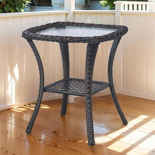 Outdoor Side Table, Brown Rattan Wicker Patio Side Table, Patio End Table, Small Outdoor Side Table with Glass Tabletop and Storage Shelf (Brown)
