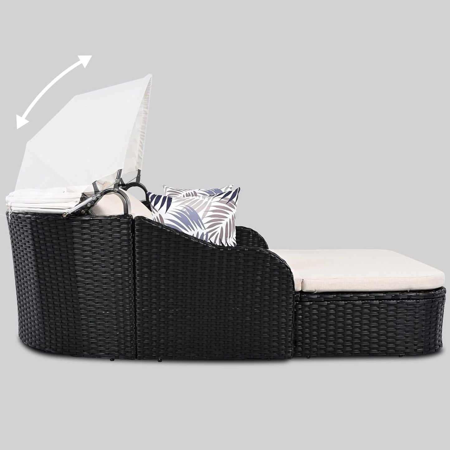 79.9" Outdoor Daybed with Retractable Canopy, PE Rattan Wicker Patio Daybed, 2-Seater Loveseat Lounge Bed Conversation Daybed, Black Wicker and Beige Cushion