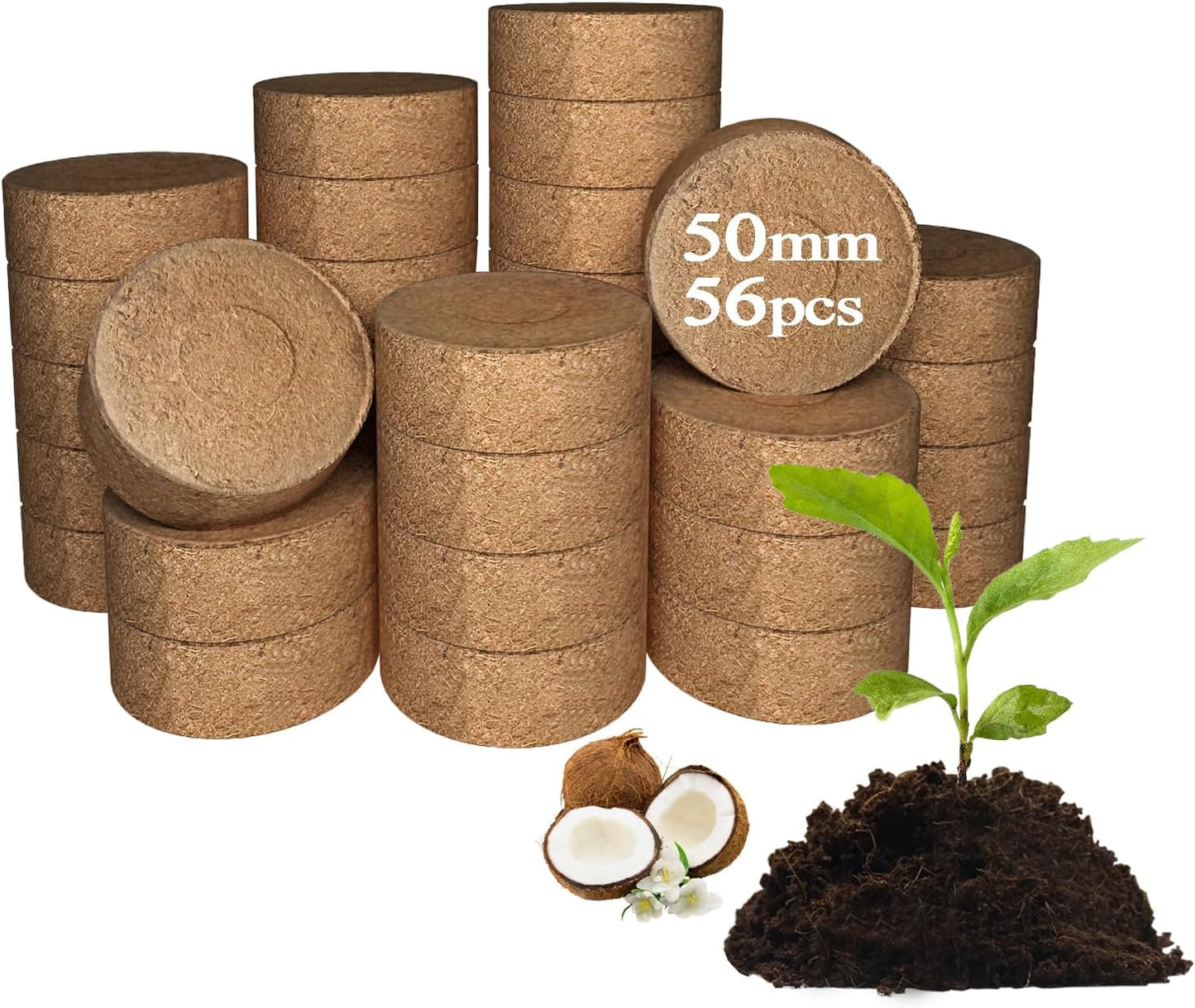 56 Pcs 50mm Compressed Coconut Coir Potting Soil,Coco Coir Pellets for Plants,Coco Fiber Pellets for Planting, Garden, Bonsai, Vegetables & Flower