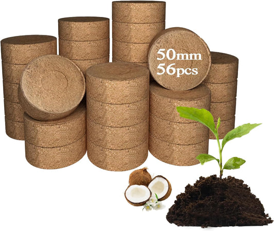 56 Pcs 50mm Compressed Coconut Coir Potting Soil,Coco Coir Pellets for Plants,Coco Fiber Pellets for Planting, Garden, Bonsai, Vegetables & Flower