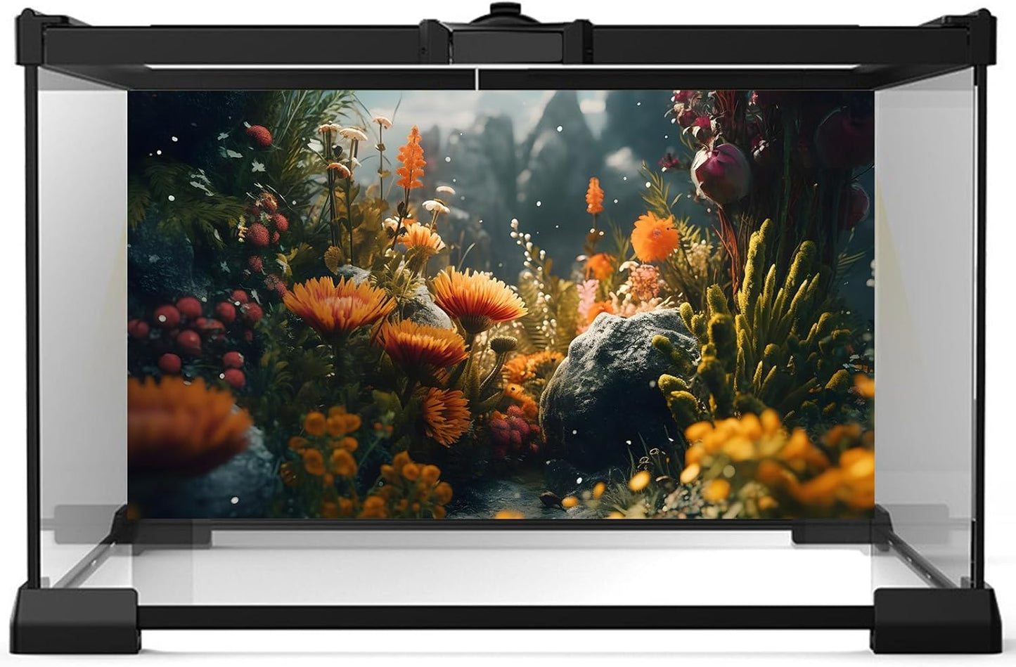 Foggy Stone Terrarium Background Green Seaweed Scenery Orange Floral Aquarium Background Durable Reptile Habitat Flower Background Mysterious Tank Backdrop Vinyl 30x18in