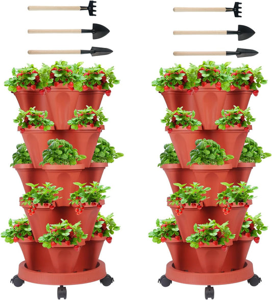 Vertical Planter 5 Tier Stackable Planters Garden Planters Strawberry Herb Flower and Vegetable Planter Indoor Outdoor Gardening Pots with Removable Wheels and Tools 2-Pack