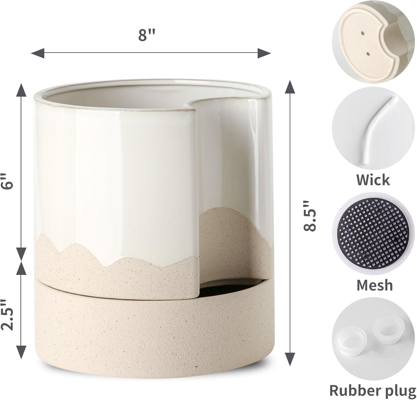 Nihow Self Watering Plant Pot: 8 Inch Ceramic Planter with Drainage Hole & Water Storage Plus for Indoor & Outdoor Plants - Cylinder Round Flower Pot for Succulent/Herbs/Violets - White & Wave Nature