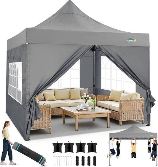 COBIZI 10x10 Pop up Canopy Tent Heavy Duty with 4 Sidewalls, Easy Set-up Commercial Outdoor Party Tent, 100% Waterproof Wedding Canopy Gazebo, 3 Height Adjustable with Wheeled Bag,Dark Gray