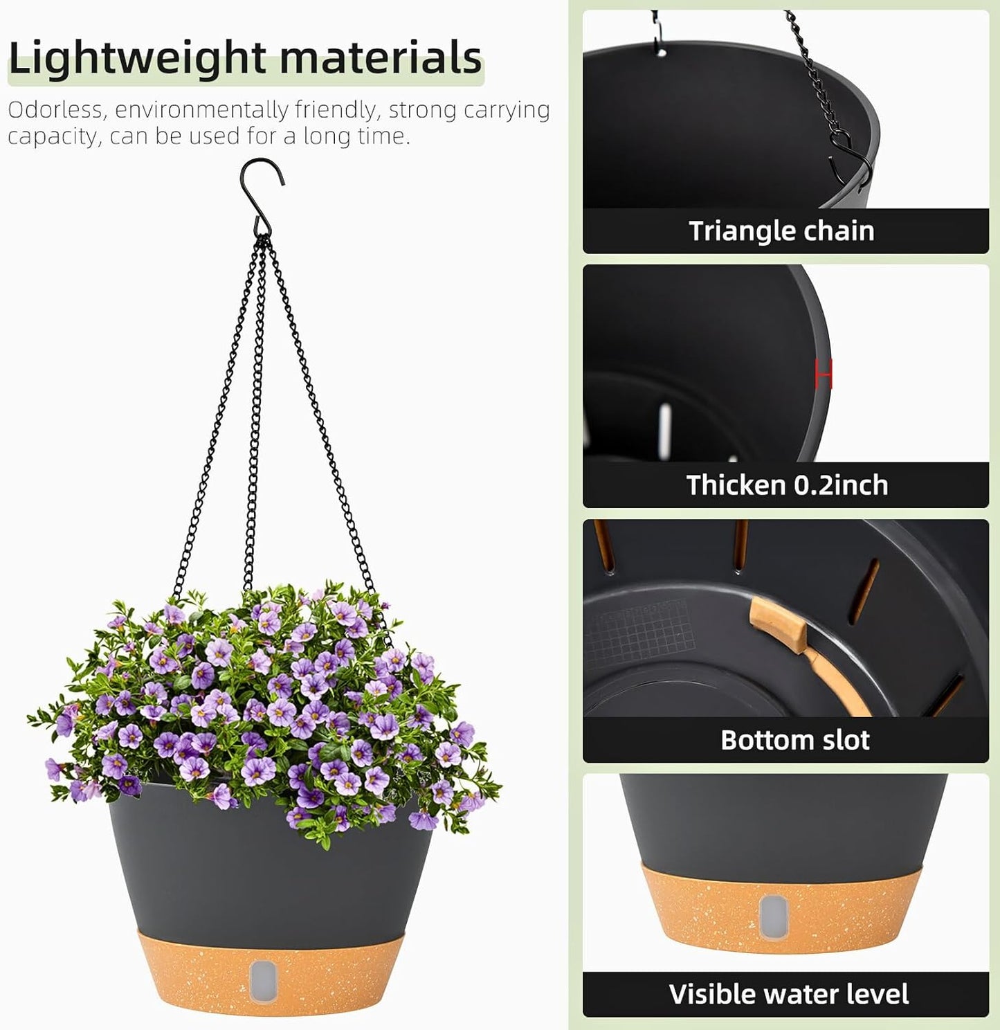 QCQHDU 2 Pack Hanging Planters for Indoor Outdoor Plants, 10 Inch Hanging Baskets Flower Pots with Reservoir Tray & Visible Water-Level
