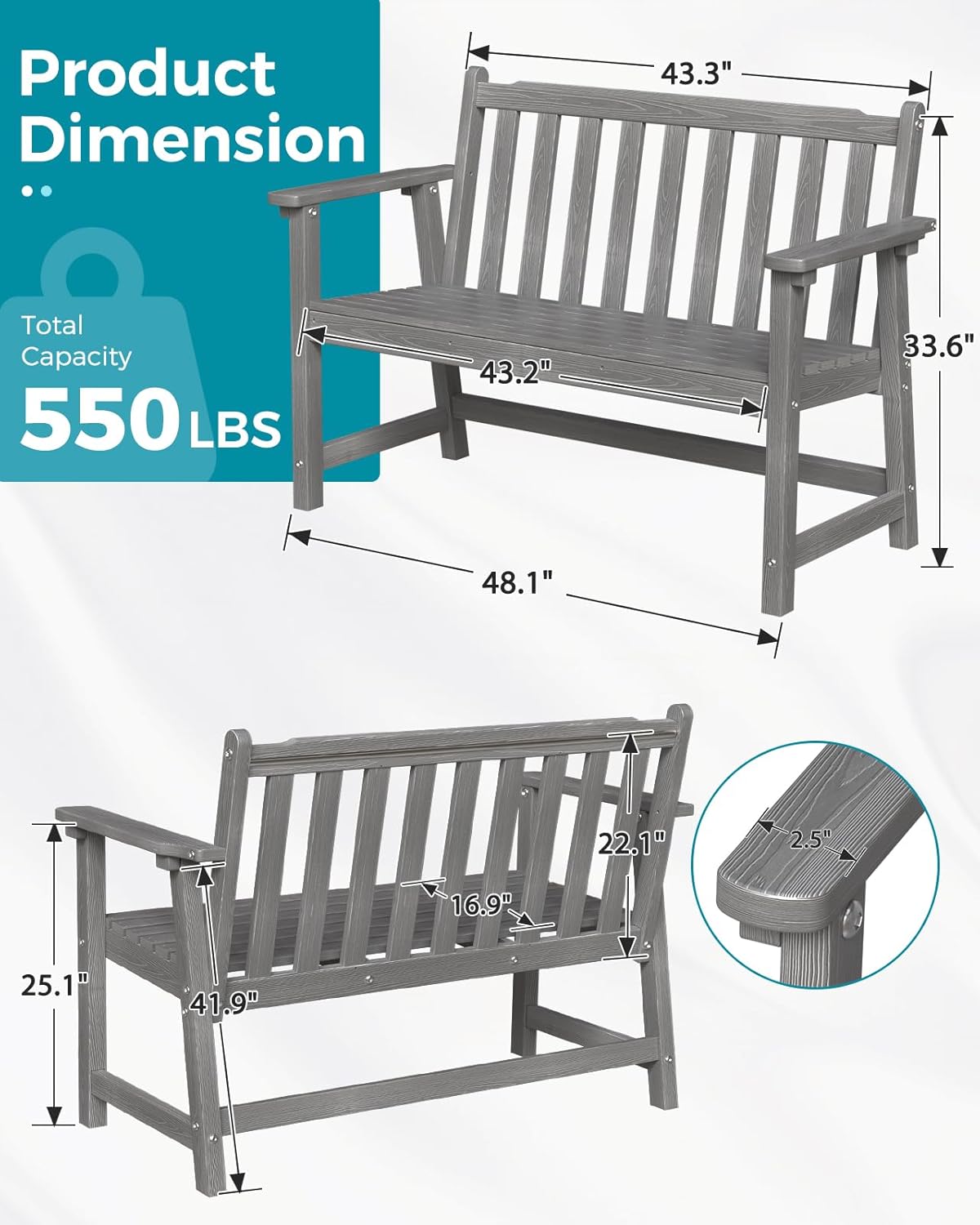 Outdoor Bench, 2-Person HDPE Garden Bench, All Weather Poly Patio Bench for Outdoors, Garden, Backyard, Porch and Park, 550 lbs Weight Capacity, Grey
