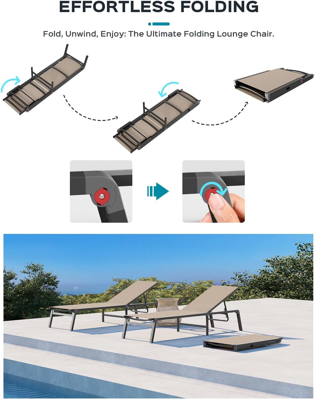 Aluminum Chaise Lounge Ourdoor - Foldable & Assemble Free Outdoor Lounge Chair with 5 Adjustable Backrest, Patio Lounge Chair for Outside Poolside Beach Pool, Khaki