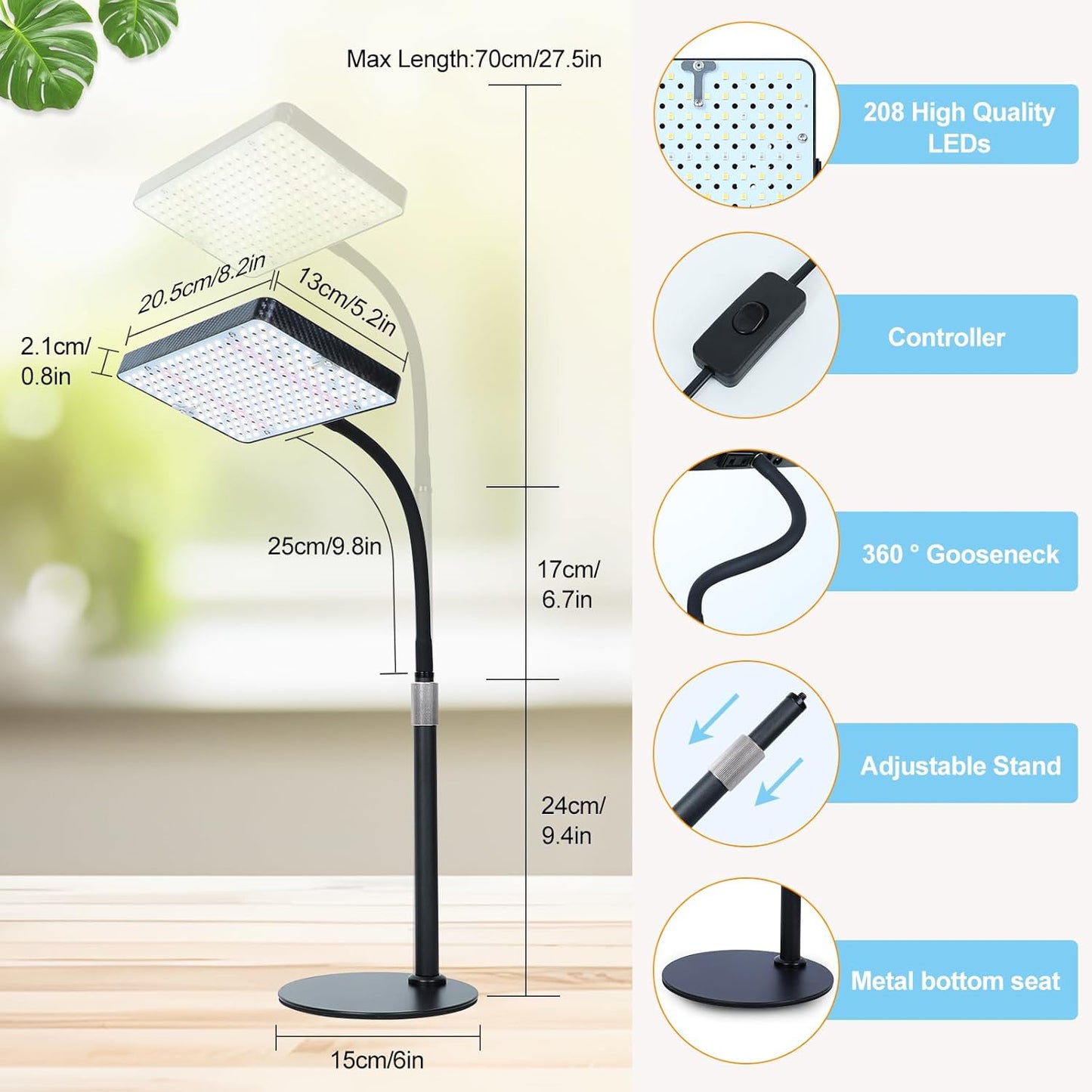25 Watt Power Table Top Grow Lights for Indoor Plants, Seed Starting, Bonsai, 2500 Lumen Enough Bright Like A Small Sun for Your Jungle, Daisy Chain Function, 16"-24" Height Adjustable, Plug-and-Play