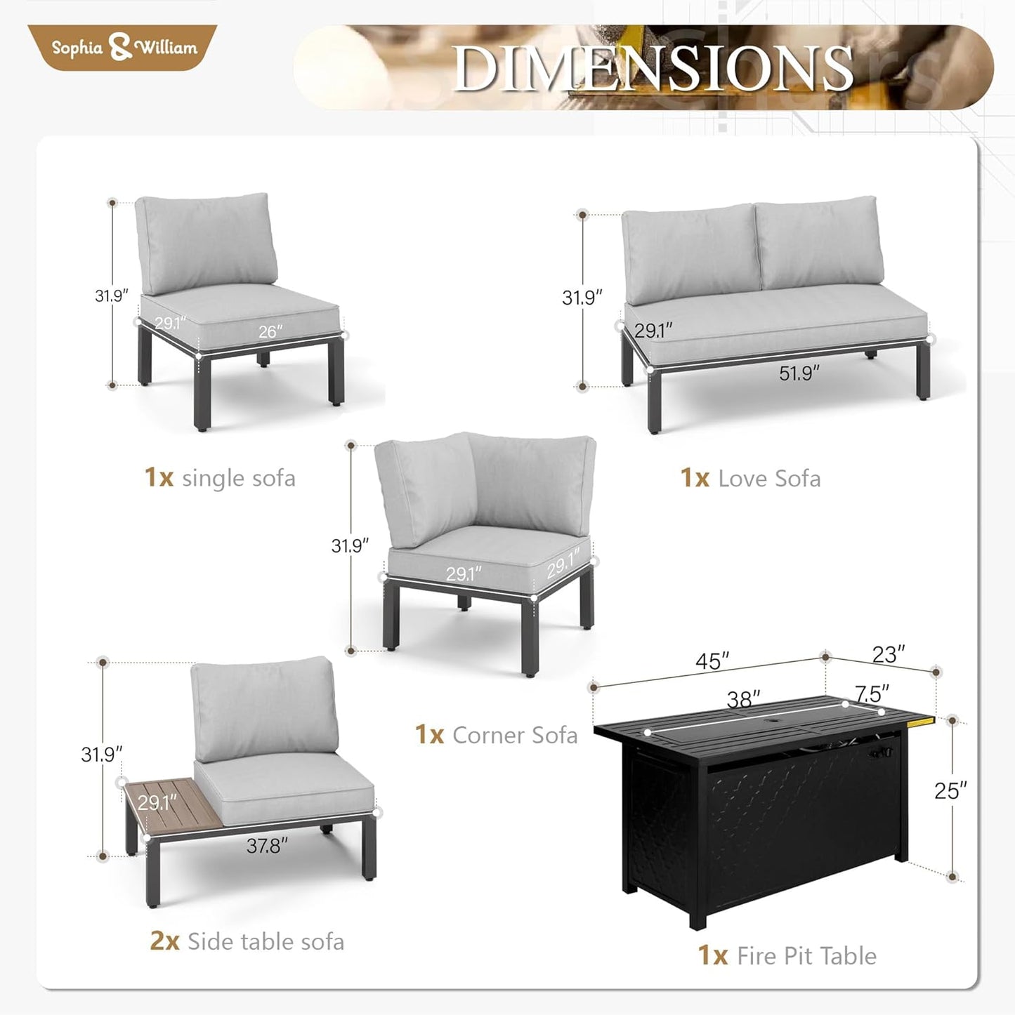 Sophia & William 6 Pieces Patio Furniture Set with 45" Fire Pit Table, Metal Outdoor Sectional Sofa Set -2 x Single Couch with Side Table,2 x Single Sofa,1 x Loveseat,1 x Propane Fire Pit