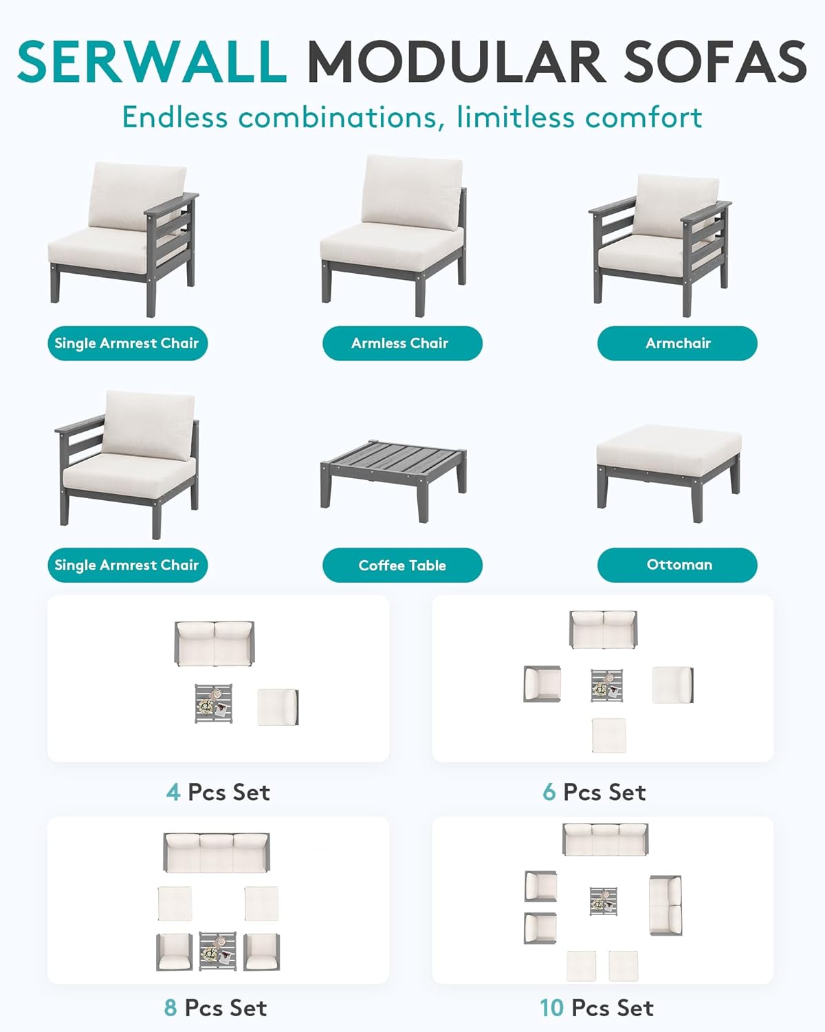 SERWALL HDPE Patio Furniture Set, 10 Pieces Outdoor Sectional Sofa Set, All-Weather Wood-Like Outdoor Sofa Couch with Coffee Table for Deck, Lawn, Grey Frame with Khaki Cushion