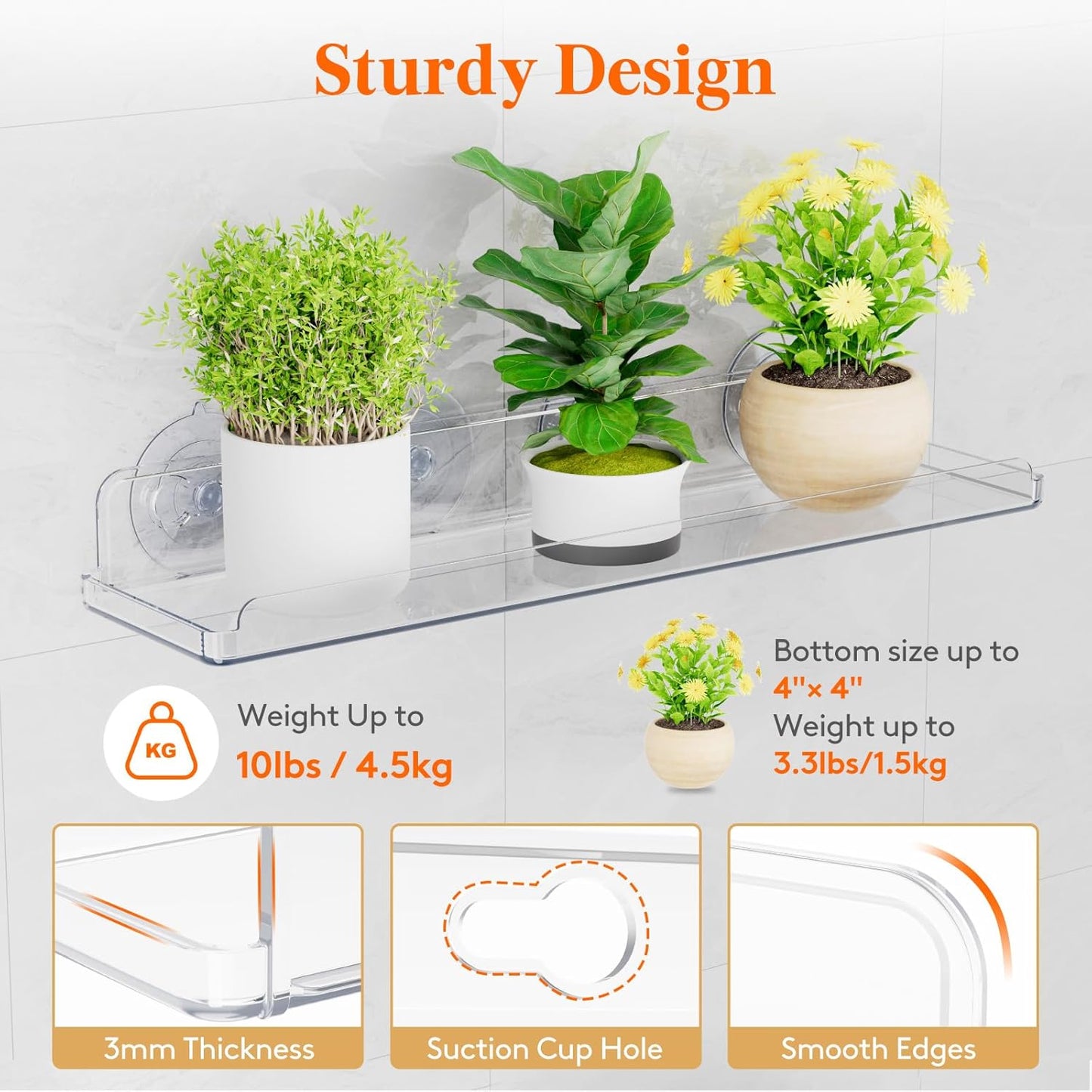 Lifewit Window Plant Floating Shelves 15 x 4 inch, 3 Pack Acrylic Suction Cup Shelf, Window Sill Extender for Indoor Succulent Plants, Micro Greens, Seed Starter Pots, Herb Planters