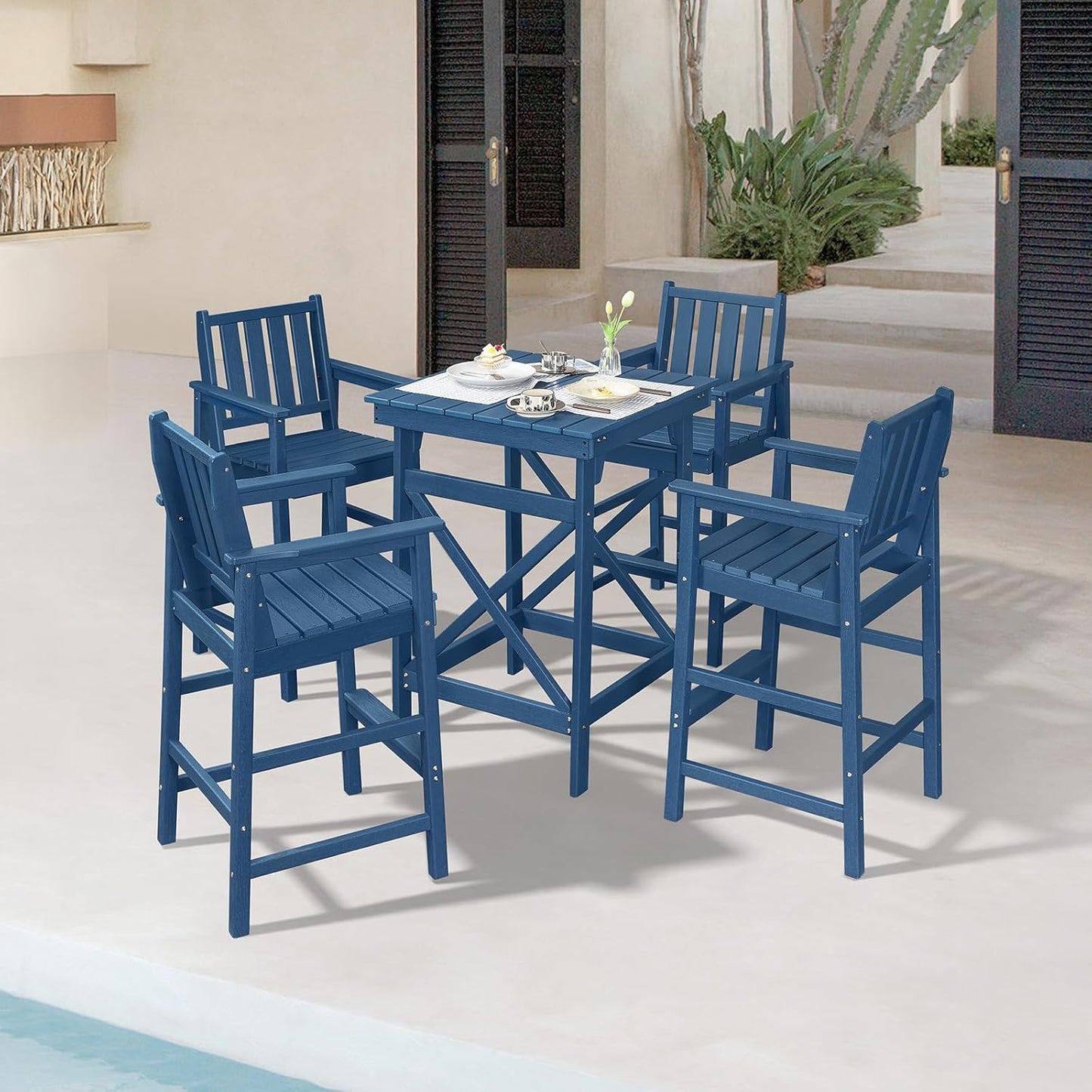 5 Pieces Adirondack Bar Chairs Set, HDPE Patio Bar Height Table and Chairs, Tall Adirondack Outdoor Bar Stools Set, HDPE Patio Bar Table Sets Furniture for Poolside, Balcony, Garden, Navy