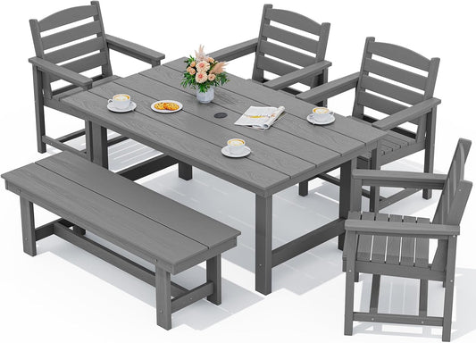 SERWALL Patio Dining Table and Bench Set for 6, Gray