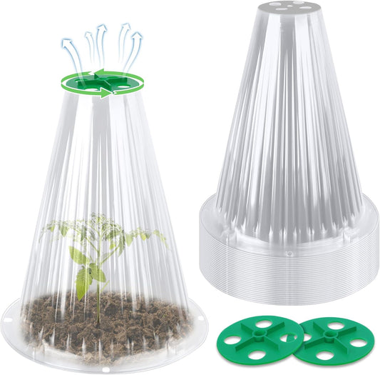 UQM 30 Pack Garden Cloches for Plants, Reusable Bell Plant Protector with Rotary Vent Cover, Garden Protection from Animals Snails Birds Chickens Insect, 9.44" H X 8.07" D (Clear)