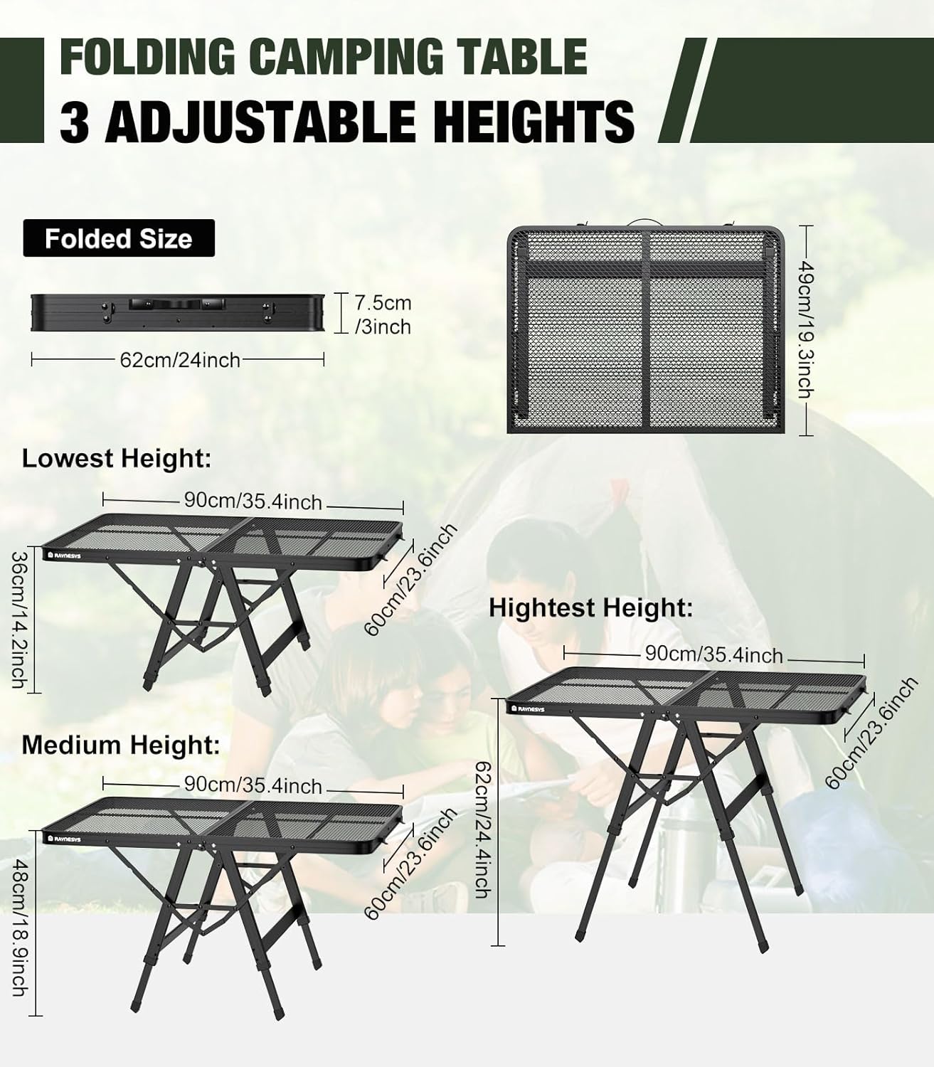 Foldable Grill Table with Mesh Desktop, 200lbs 3Ft Portable Folding Table, Height Adjustable Metal Table for Ourdoor, Camping, Picnic, BBQ and Beach, RV, 35.4" L x 23.6" W