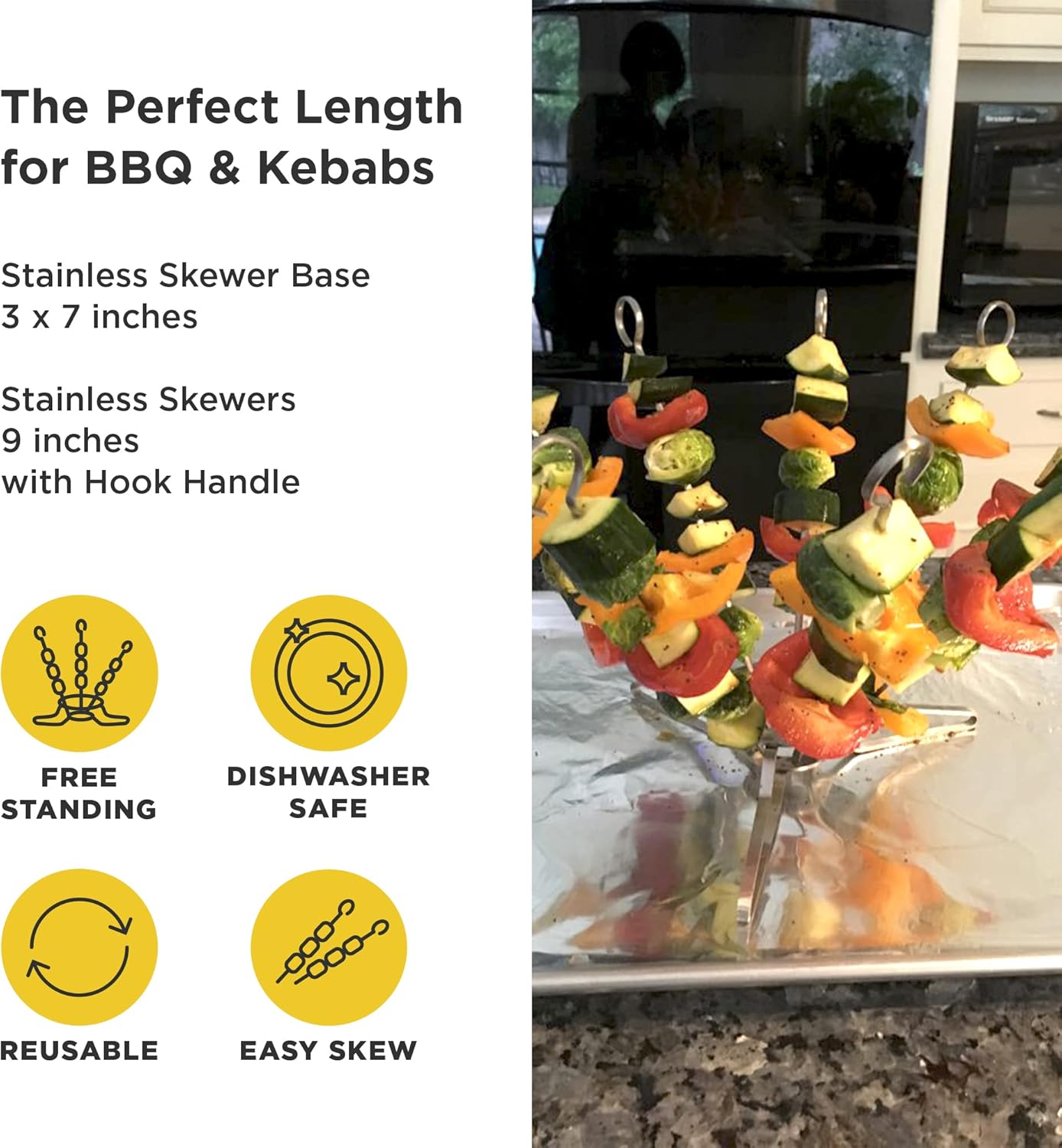 O-Yaki Flat Metal Kabob Skewer for Grilling – Set of 9 BBQ Skewers Stainless Steel with Storage Bag, Dishwasher Safe Skewers with Hook Handle & Sharp Tip for Outdoor BBQ, Cookouts & Oven Use – 9 Inch