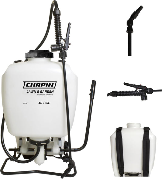 Chapin 60114 Made in USA 4-Gallon Backpack Sprayer with 3-Stage Filtration System Pump Pressured Sprayer, for Spraying Plants, Garden Watering, Lawns, Weeds and Pests, Translucent White