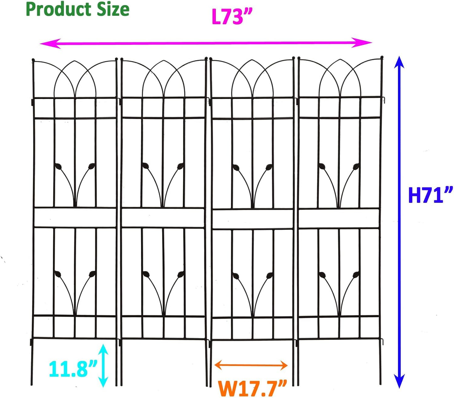 4 Pack Metal Garden Trellis 71" Black Fence Rustproof Garden Trellis for Climbing Plants Support Roses Flower Outdoor Lawn, Black