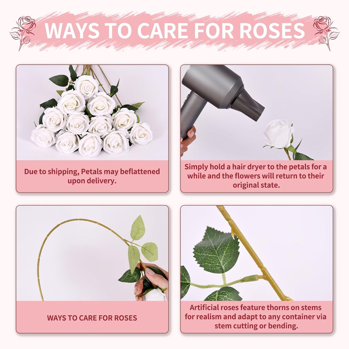 55 PCS Fake Roses Artificial Flowers Bulk, White Roses Bridal Bouquet Silk Faux Rose with Stems for Wedding Flowers Decoration, Valentine's Day, Bridal Bouquet, Anniversary,Home Decor (55PCS, White)