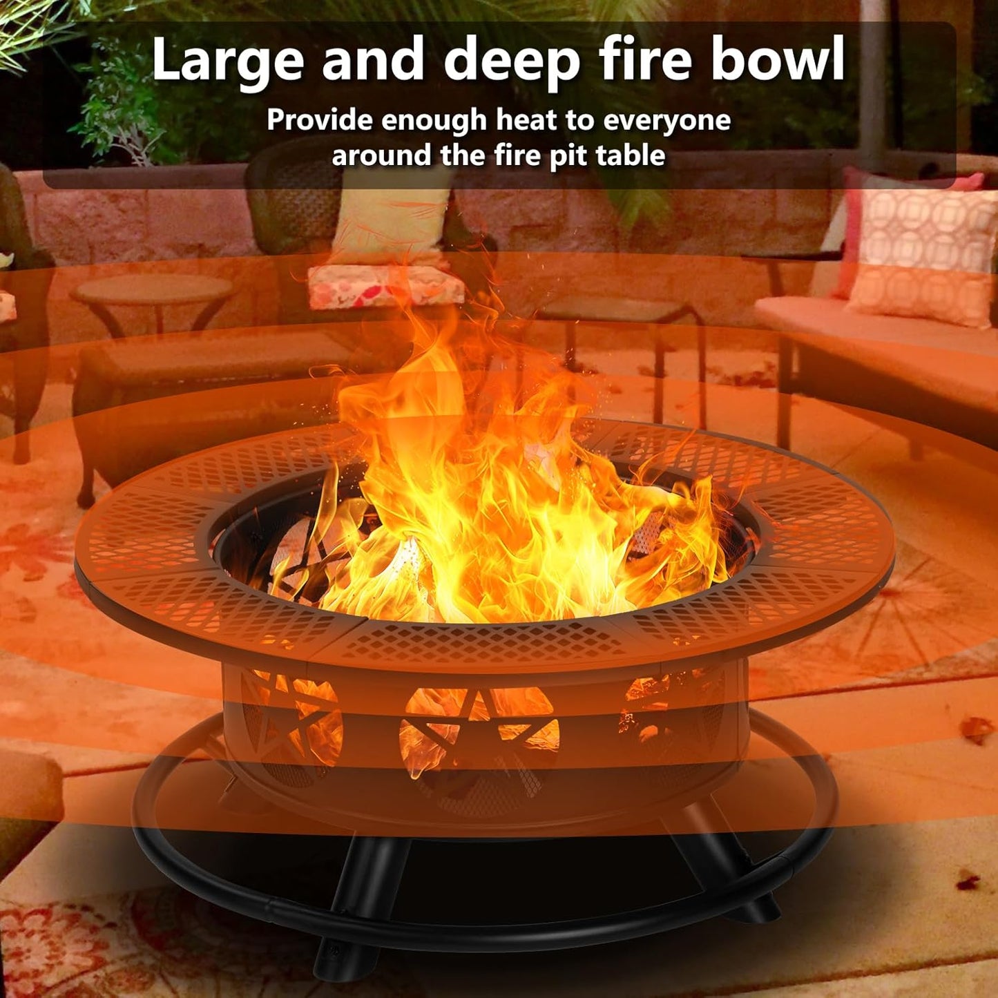 36 Inch Fire Pit with 2 Grills, Wood Burning Fire Pits for Outside with Lid & Poker, BBQ& Outdoor Firepit & Round Metal Table 3 in 1 for Patio, Picnic, Party