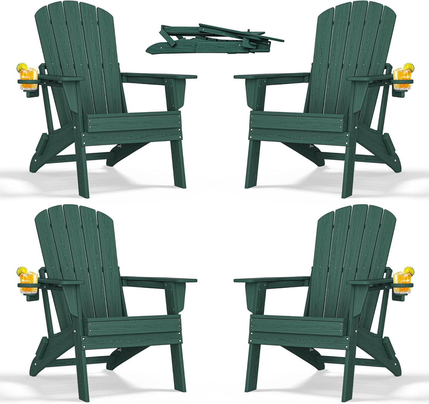 Folding Adirondack Chair - Extended Ergonomic Backrest, Cup Holder - Easy Assembly - Durable HDPE Plastic, Weather Resistant & Maintenance-Free - Lawn, Patio, Deck Supports 380lbs Green