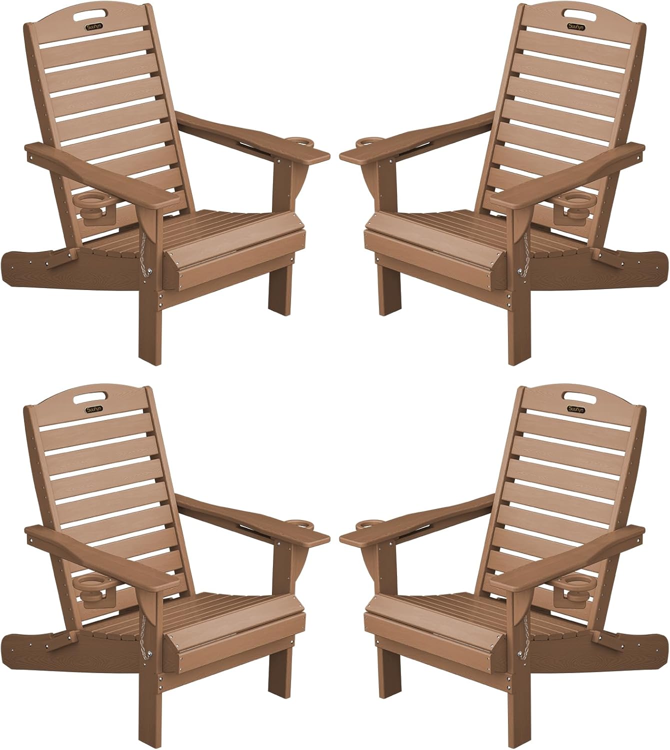 Adirondack Chairs Set of 4, Outdoor Fire Pit Chairs, HDPE All-Weather Adirondack Chairs with Cup Holder, Lawn Chair for Deck, Patio, Garden (Teak)