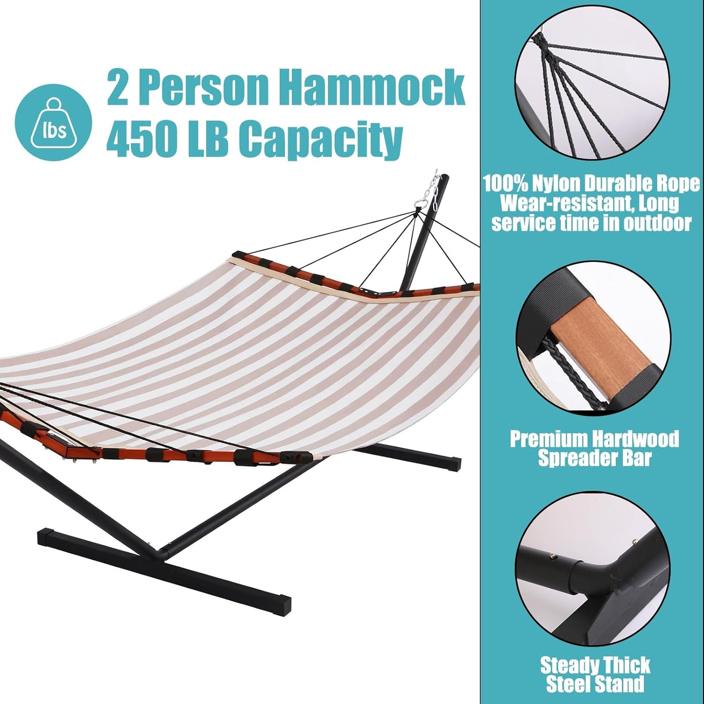 TegerDeger 12FT 2 Person Hammock with Stand Included 55 x 79IN Large Hammock Quick Dry 450LB Capacity with V Shaped Hardwood Spreader Bar & Nylon Rope for Outside, Patio, Garden - Tender Beige Stripes