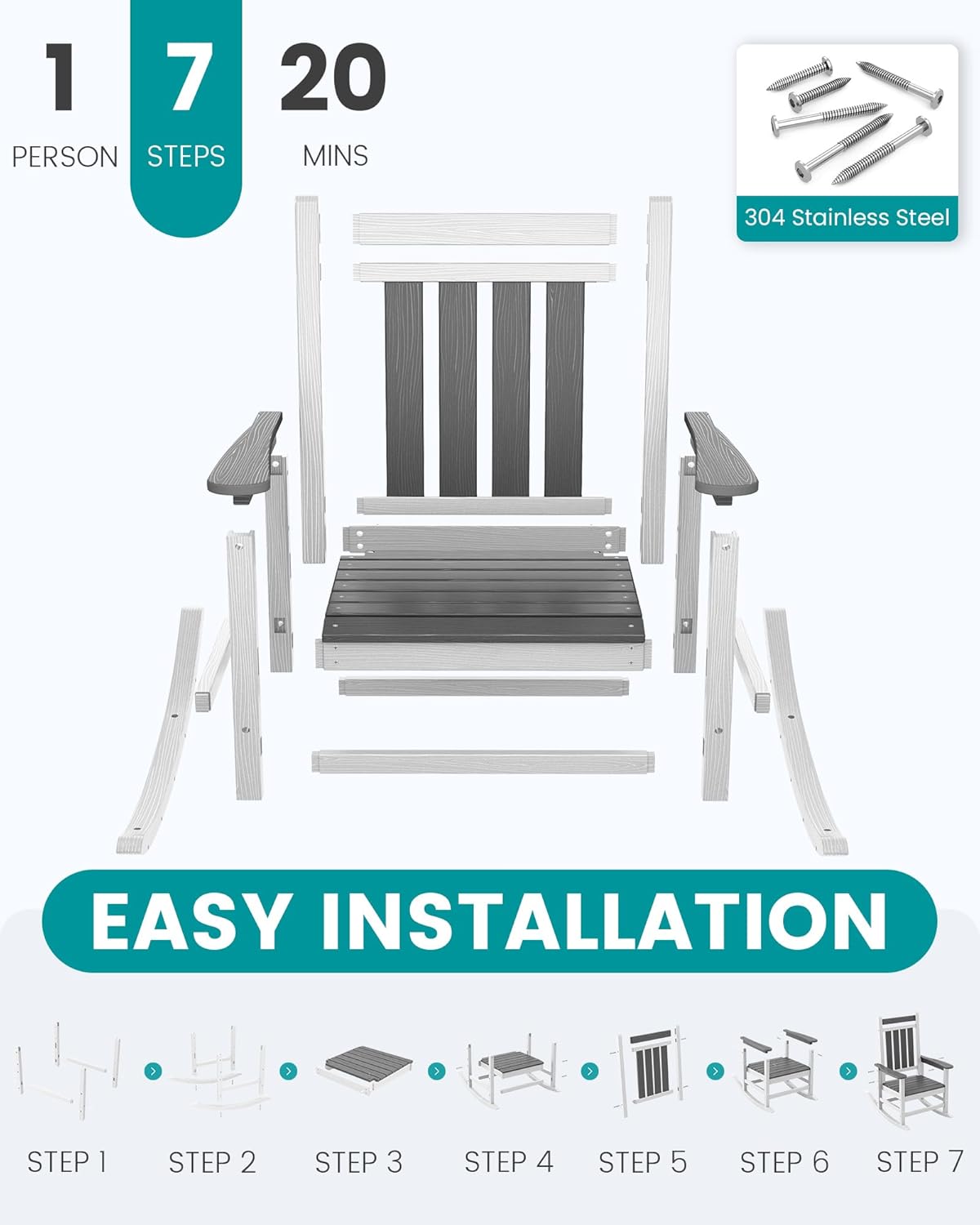 SERWALL Outdoor Rocking Chair Set of 4, HDPE Rocking Chairs for Adult, All Weather Porch Rockers for Lawn Garden, Gray & White